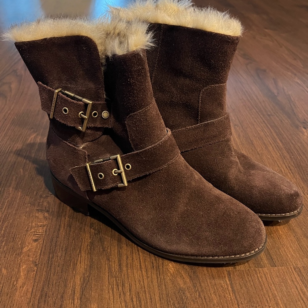 Cole Haan Newburg Neela Brown Suede Ankle Boots Faux Fur Lining